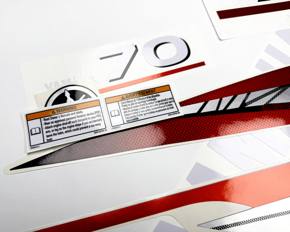 Vinyl graphic metalized silver red decals set suitable for Yamaha 70 hp two stroke outboard engine. Vinyl stickers kit for Yamaha 70 hp two stroke Handmade