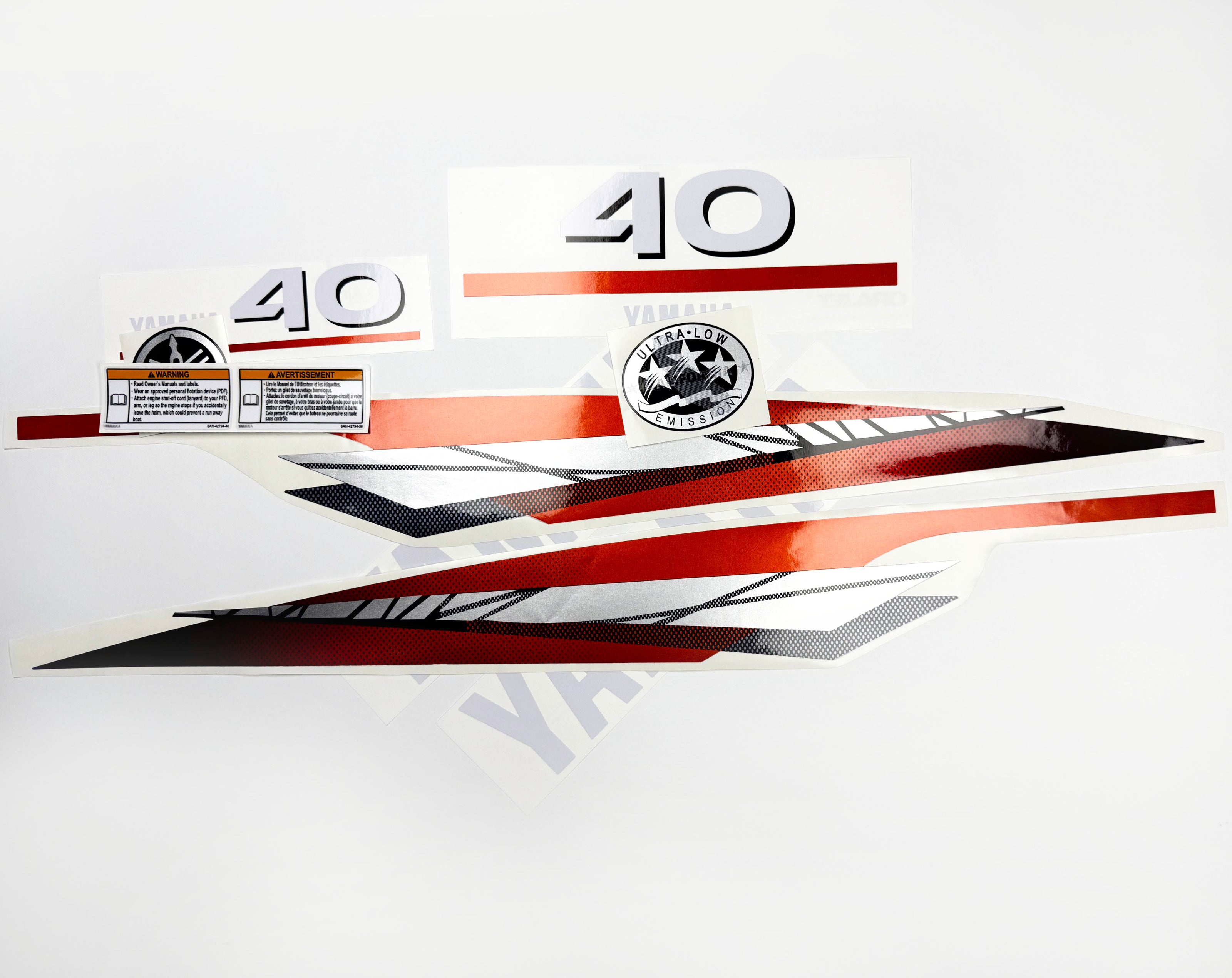 Vinyl graphic metalized silver red decals set suitable for Yamaha 40 hp two stroke outboard engine. Vinyl stickers kit for Yamaha 40 hp two stroke Handmade