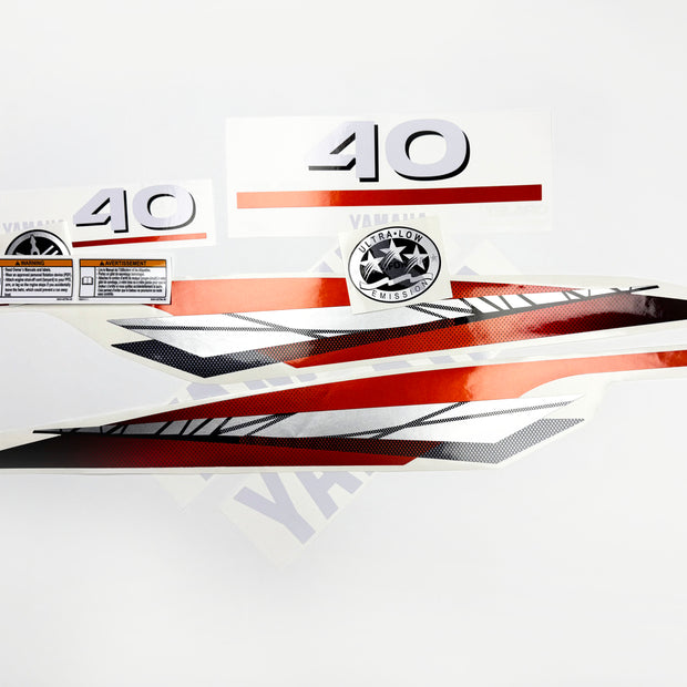 Vinyl graphic metalized silver red decals set suitable for Yamaha 40 hp two stroke outboard engine. Vinyl stickers kit for Yamaha 40 hp two stroke Handmade