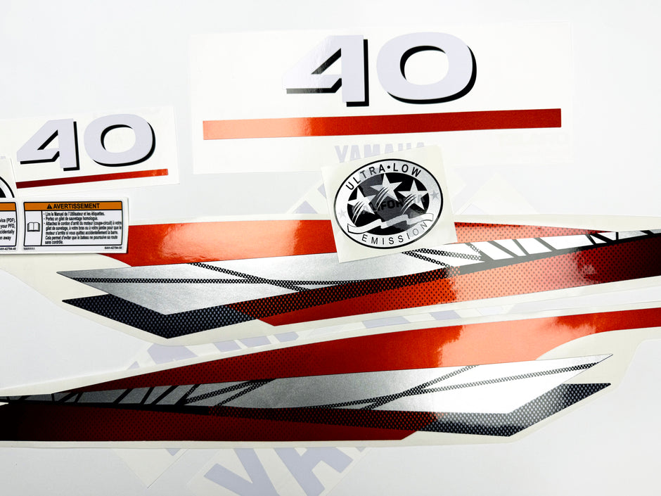 Vinyl graphic metalized silver red decals set suitable for Yamaha 40 hp two stroke outboard engine. Vinyl stickers kit for Yamaha 40 hp two stroke Handmade