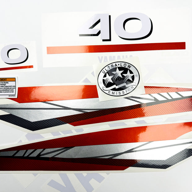 Vinyl graphic metalized silver red decals set suitable for Yamaha 40 hp two stroke outboard engine. Vinyl stickers kit for Yamaha 40 hp two stroke Handmade