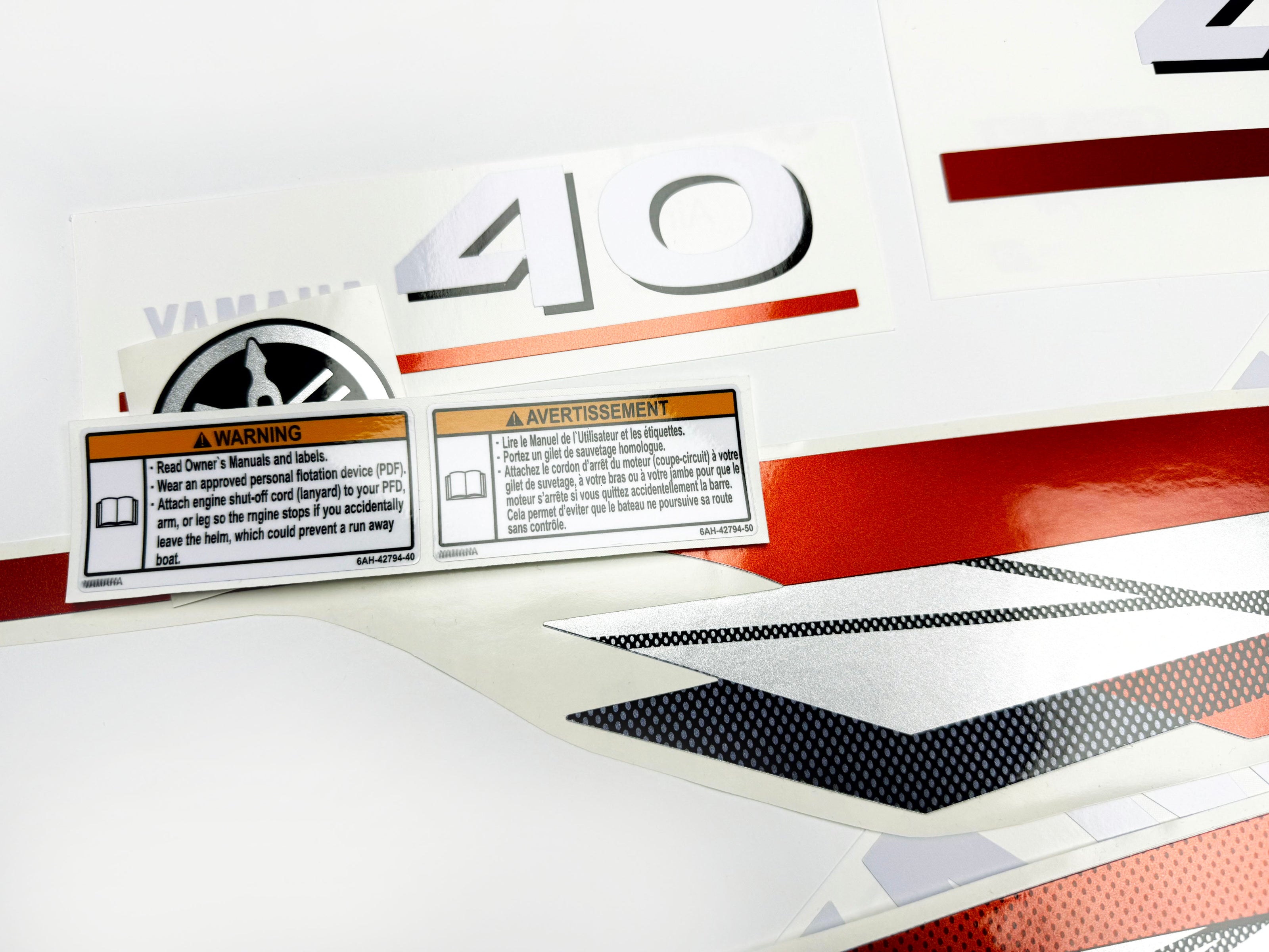 Vinyl graphic metalized silver red decals set suitable for Yamaha 40 hp two stroke outboard engine. Vinyl stickers kit for Yamaha 40 hp two stroke Handmade