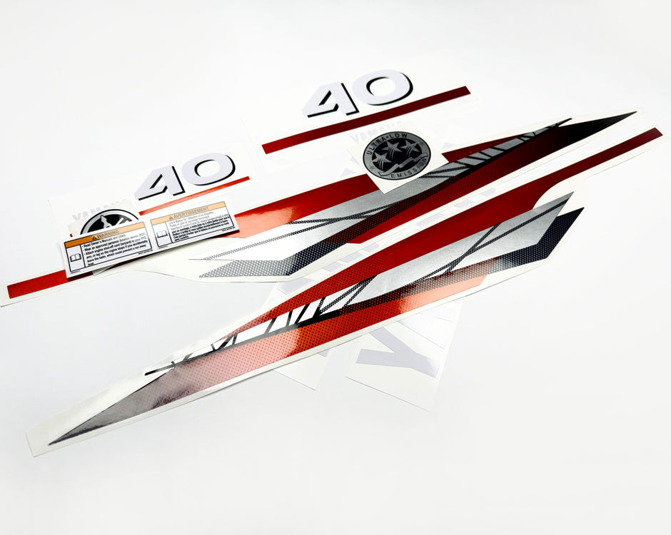 Vinyl graphic metalized silver red decals set suitable for Yamaha 40 hp two stroke outboard engine. Vinyl stickers kit for Yamaha 40 hp two stroke Handmade