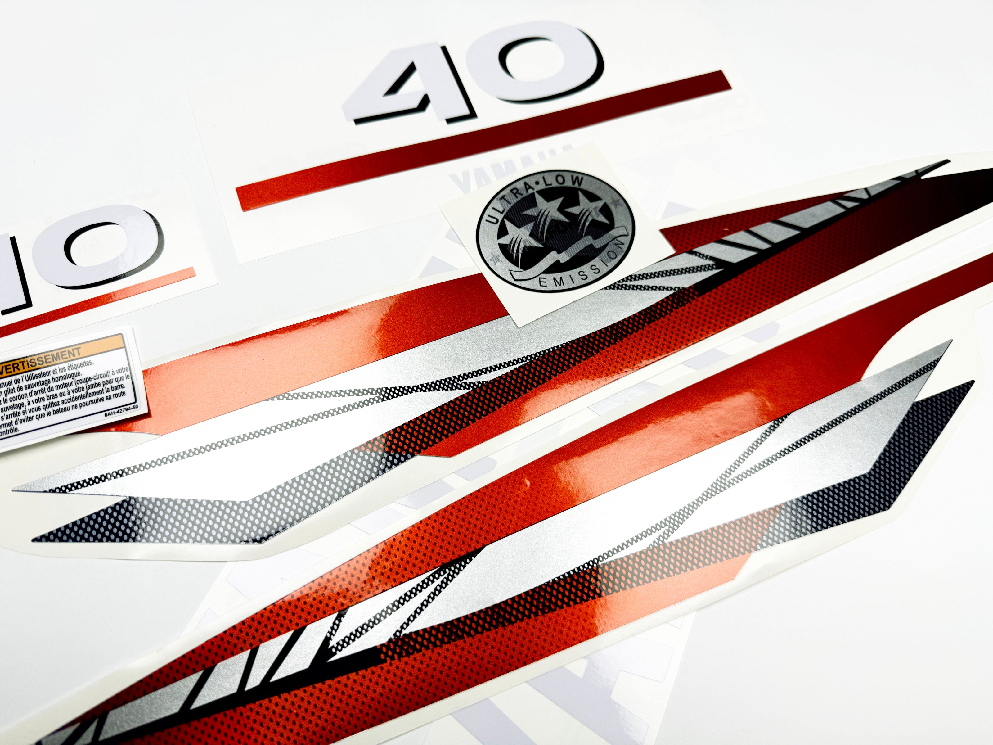 Vinyl graphic metalized silver red decals set suitable for Yamaha 40 hp two stroke outboard engine. Vinyl stickers kit for Yamaha 40 hp two stroke Handmade