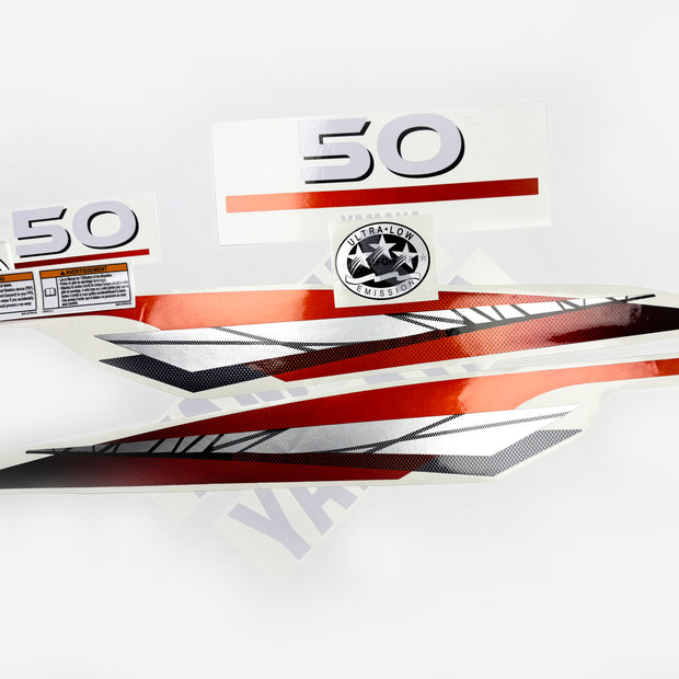 Vinyl graphic metalized silver red decals set suitable for Yamaha 50 hp two stroke outboard engine. Vinyl stickers kit for Yamaha 50 hp two stroke Handmade