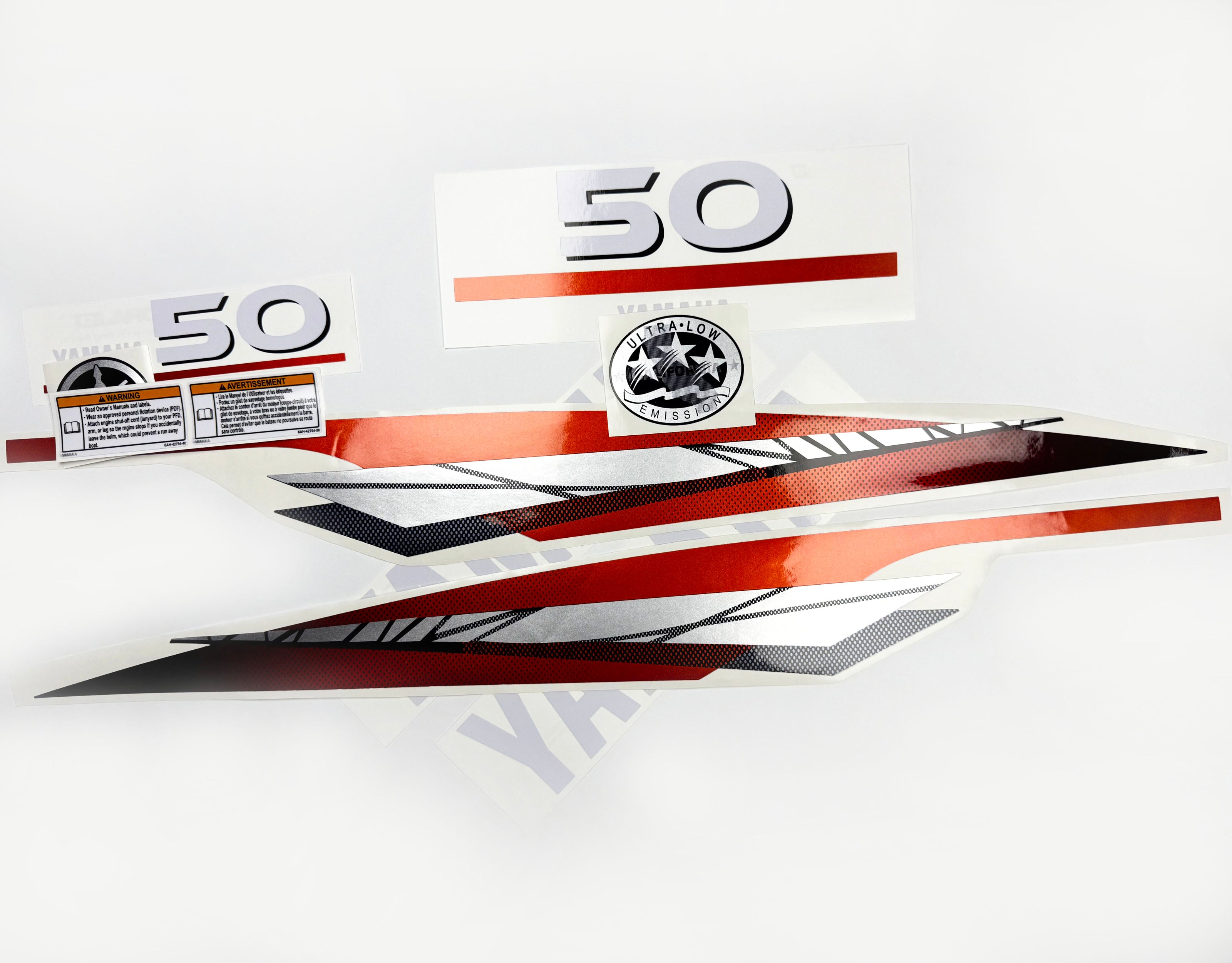 Vinyl graphic metalized silver red decals set suitable for Yamaha 50 hp two stroke outboard engine. Vinyl stickers kit for Yamaha 50 hp two stroke Handmade