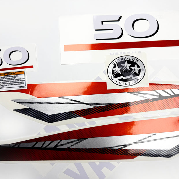 Vinyl graphic metalized silver red decals set suitable for Yamaha 50 hp two stroke outboard engine. Vinyl stickers kit for Yamaha 50 hp two stroke Handmade