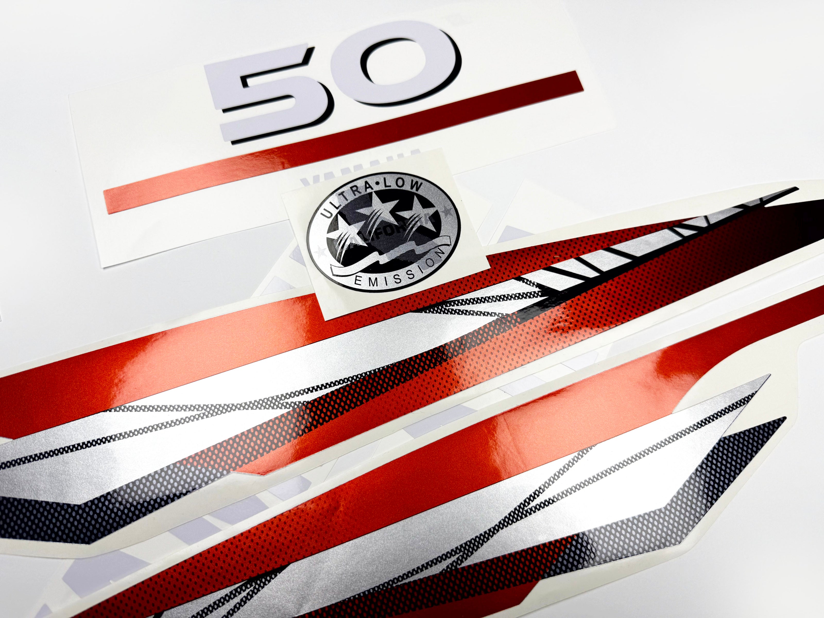 Vinyl graphic metalized silver red decals set suitable for Yamaha 50 hp two stroke outboard engine. Vinyl stickers kit for Yamaha 50 hp two stroke Handmade