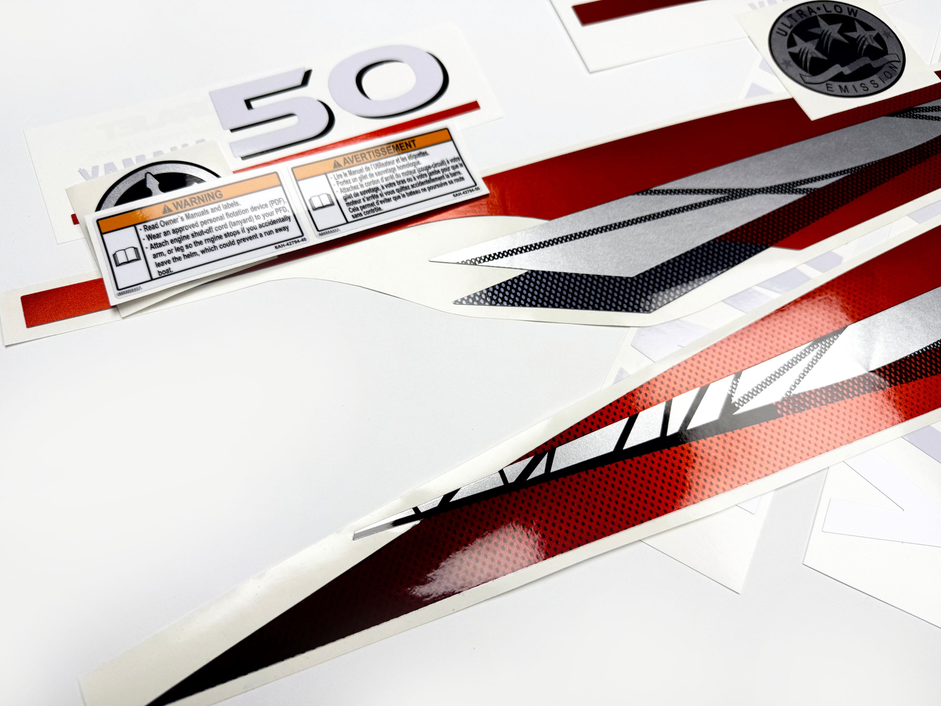 Vinyl graphic metalized silver red decals set suitable for Yamaha 50 hp two stroke outboard engine. Vinyl stickers kit for Yamaha 50 hp two stroke Handmade