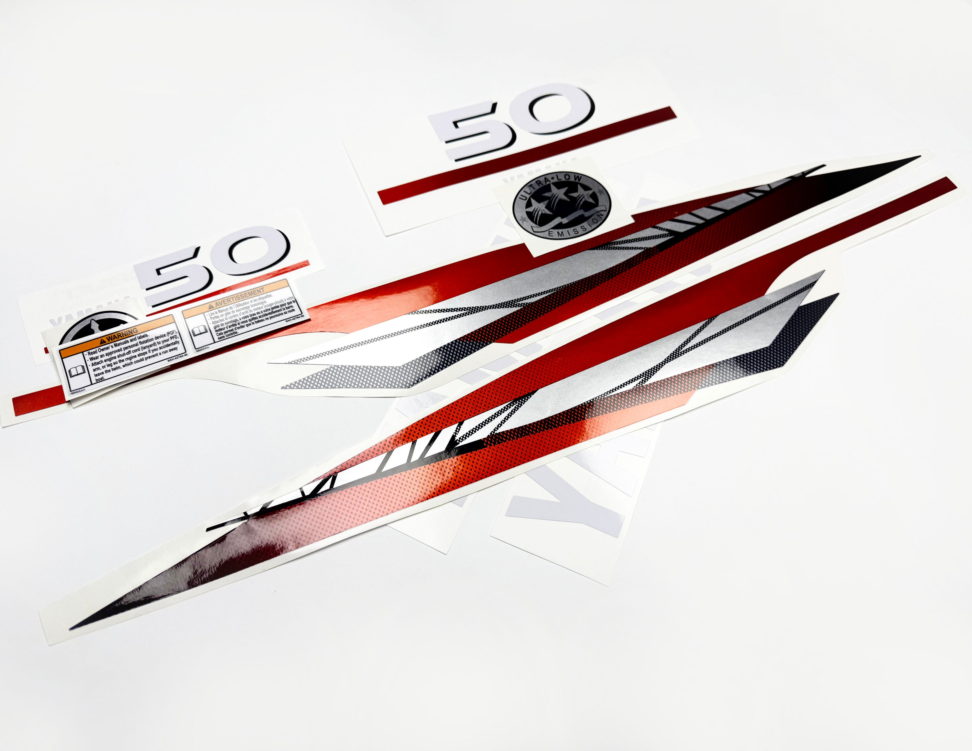 Vinyl graphic metalized silver red decals set suitable for Yamaha 50 hp two stroke outboard engine. Vinyl stickers kit for Yamaha 50 hp two stroke Handmade