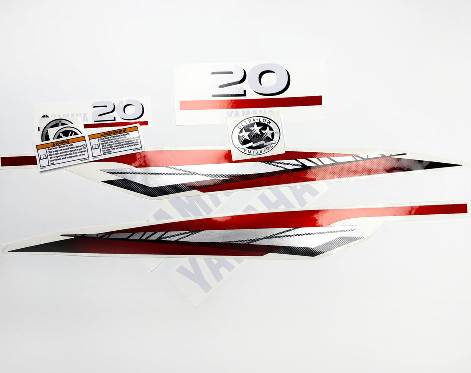 Vinyl graphic metalized silver red decals set suitable for Yamaha 20 hp two stroke outboard engine. Vinyl stickers kit for Yamaha 20 hp two stroke Handmade