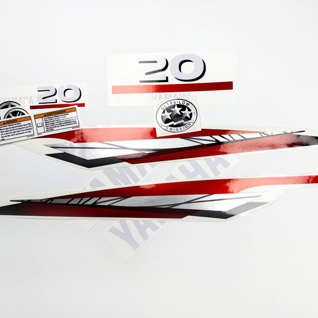 Vinyl graphic metalized silver red decals set suitable for Yamaha 20 hp two stroke outboard engine. Vinyl stickers kit for Yamaha 20 hp two stroke Handmade