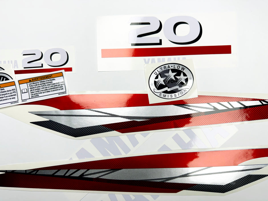 Vinyl graphic metalized silver red decals set suitable for Yamaha 20 hp two stroke outboard engine. Vinyl stickers kit for Yamaha 20 hp two stroke Handmade