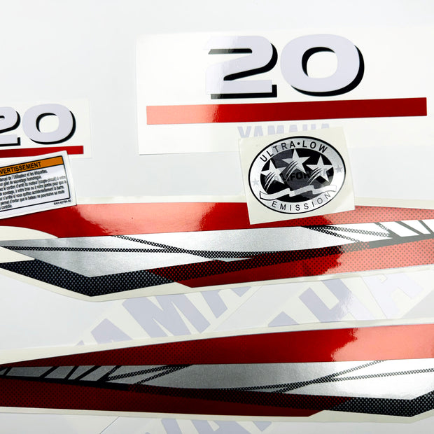 Vinyl graphic metalized silver red decals set suitable for Yamaha 20 hp two stroke outboard engine. Vinyl stickers kit for Yamaha 20 hp two stroke Handmade