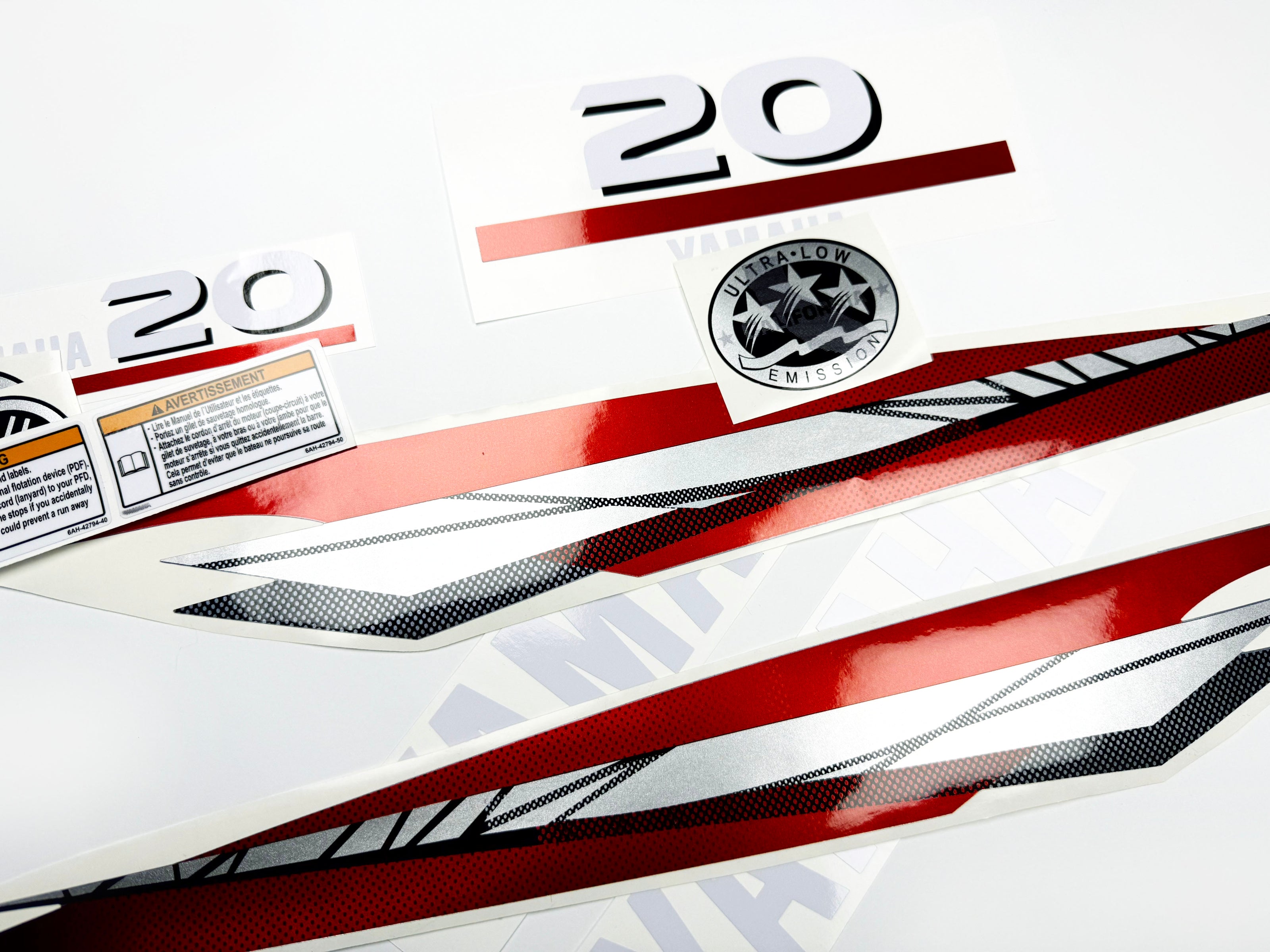 Vinyl graphic metalized silver red decals set suitable for Yamaha 20 hp two stroke outboard engine. Vinyl stickers kit for Yamaha 20 hp two stroke Handmade