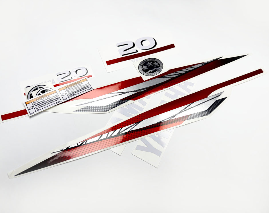 Vinyl graphic metalized silver red decals set suitable for Yamaha 20 hp two stroke outboard engine. Vinyl stickers kit for Yamaha 20 hp two stroke Handmade