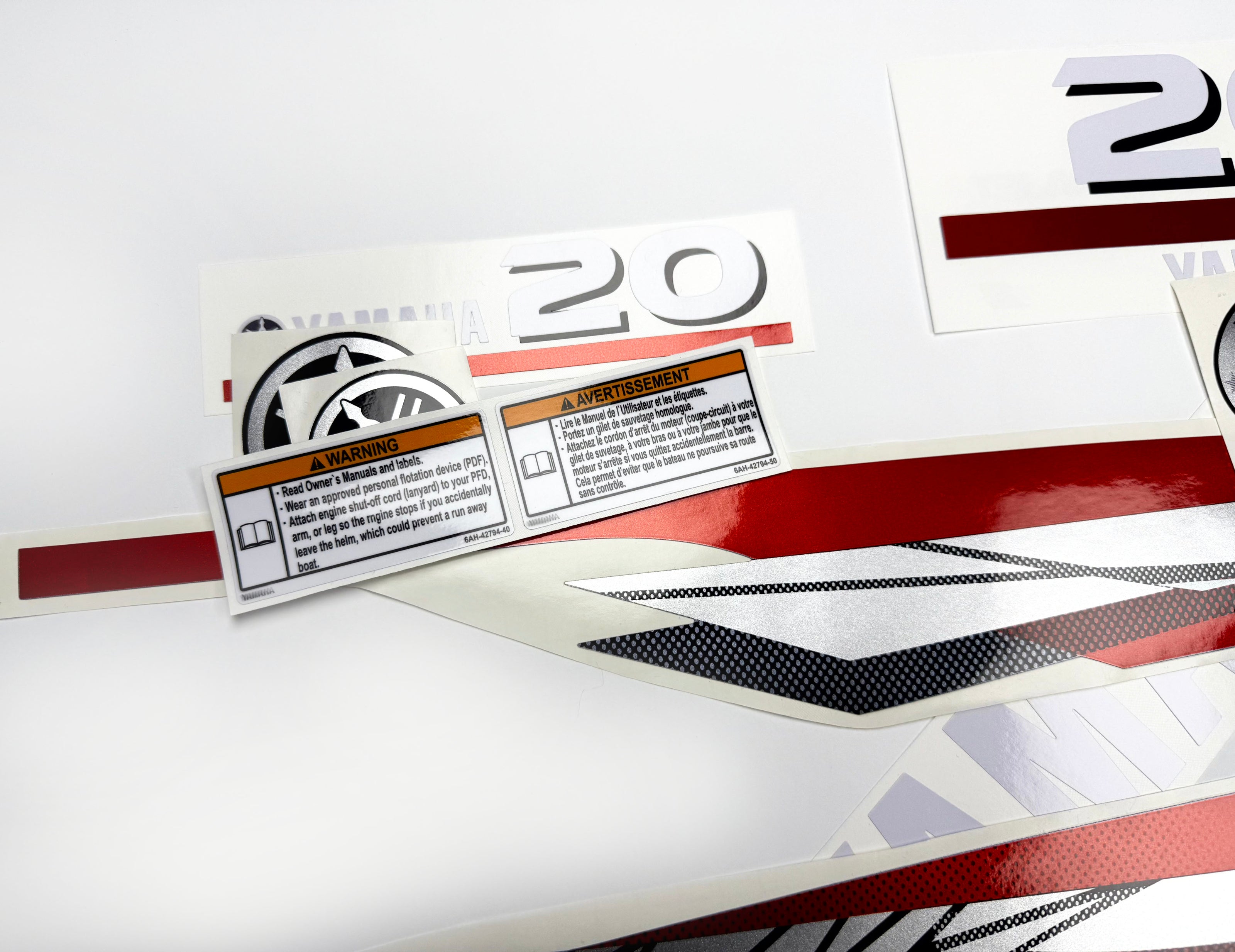 Vinyl graphic metalized silver red decals set suitable for Yamaha 20 hp two stroke outboard engine. Vinyl stickers kit for Yamaha 20 hp two stroke Handmade
