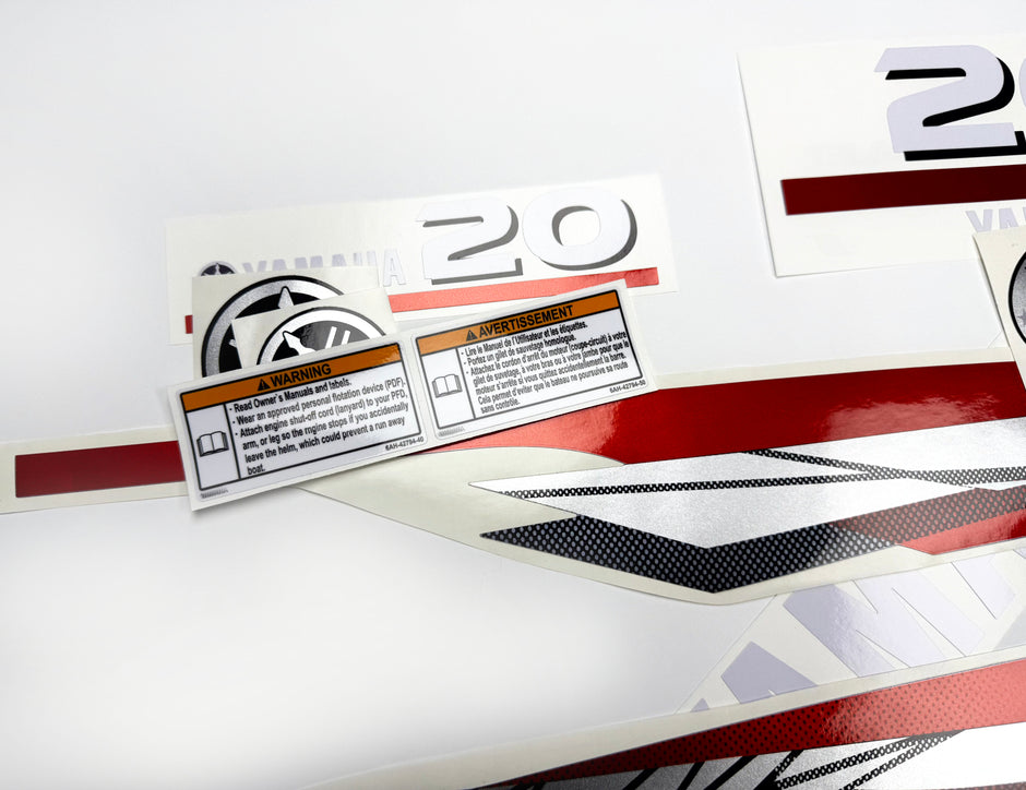 Vinyl graphic metalized silver red decals set suitable for Yamaha 20 hp two stroke outboard engine. Vinyl stickers kit for Yamaha 20 hp two stroke Handmade