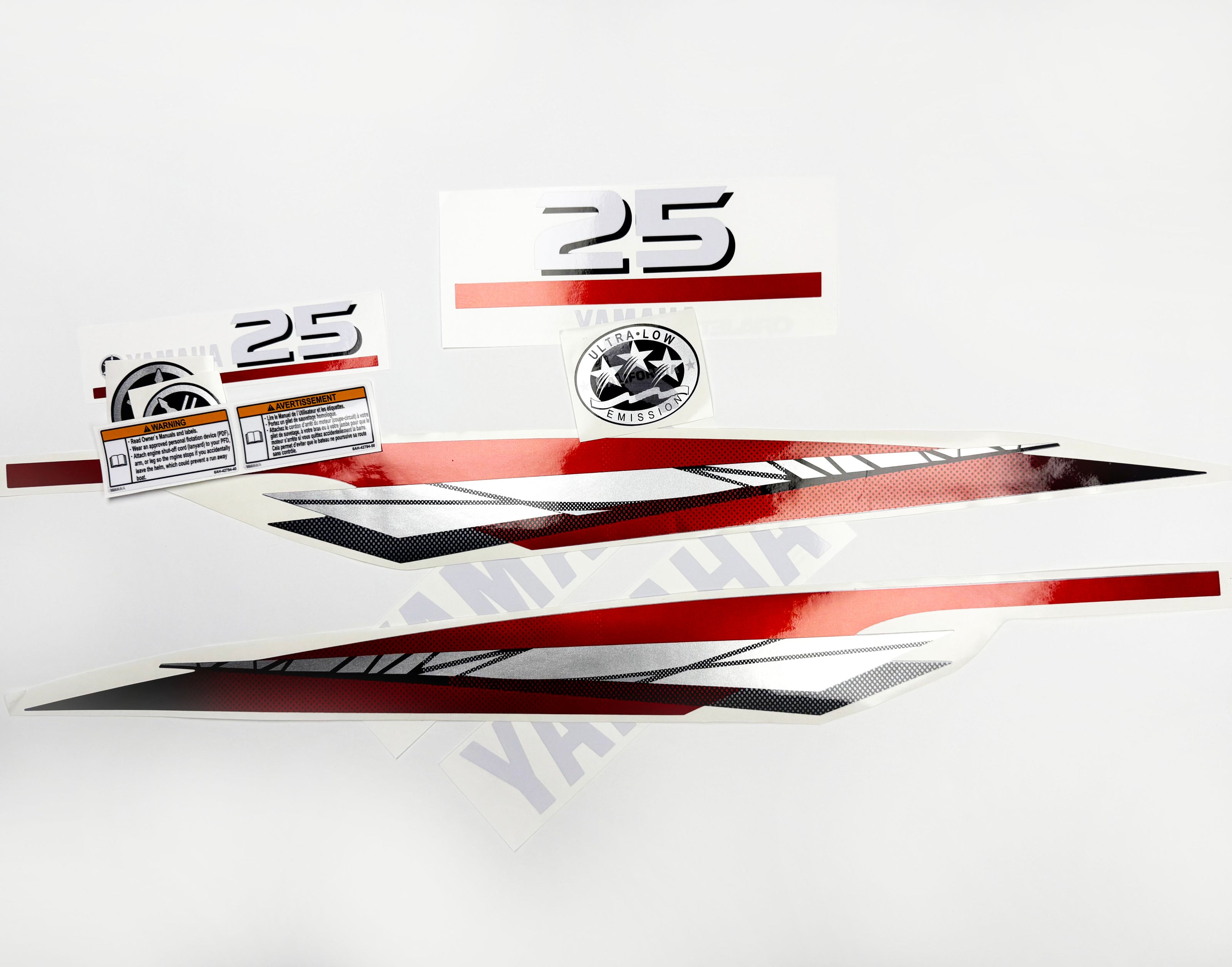 Vinyl graphic metalized silver red decals set suitable for Yamaha 25 hp two stroke outboard engine. Vinyl stickers kit for Yamaha 25 hp two stroke Handmade