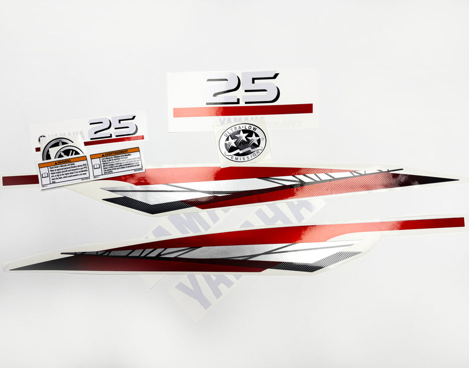 Vinyl graphic metalized silver red decals set suitable for Yamaha 25 hp two stroke outboard engine. Vinyl stickers kit for Yamaha 25 hp two stroke Handmade