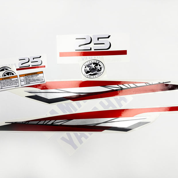 Vinyl graphic metalized silver red decals set suitable for Yamaha 25 hp two stroke outboard engine. Vinyl stickers kit for Yamaha 25 hp two stroke Handmade