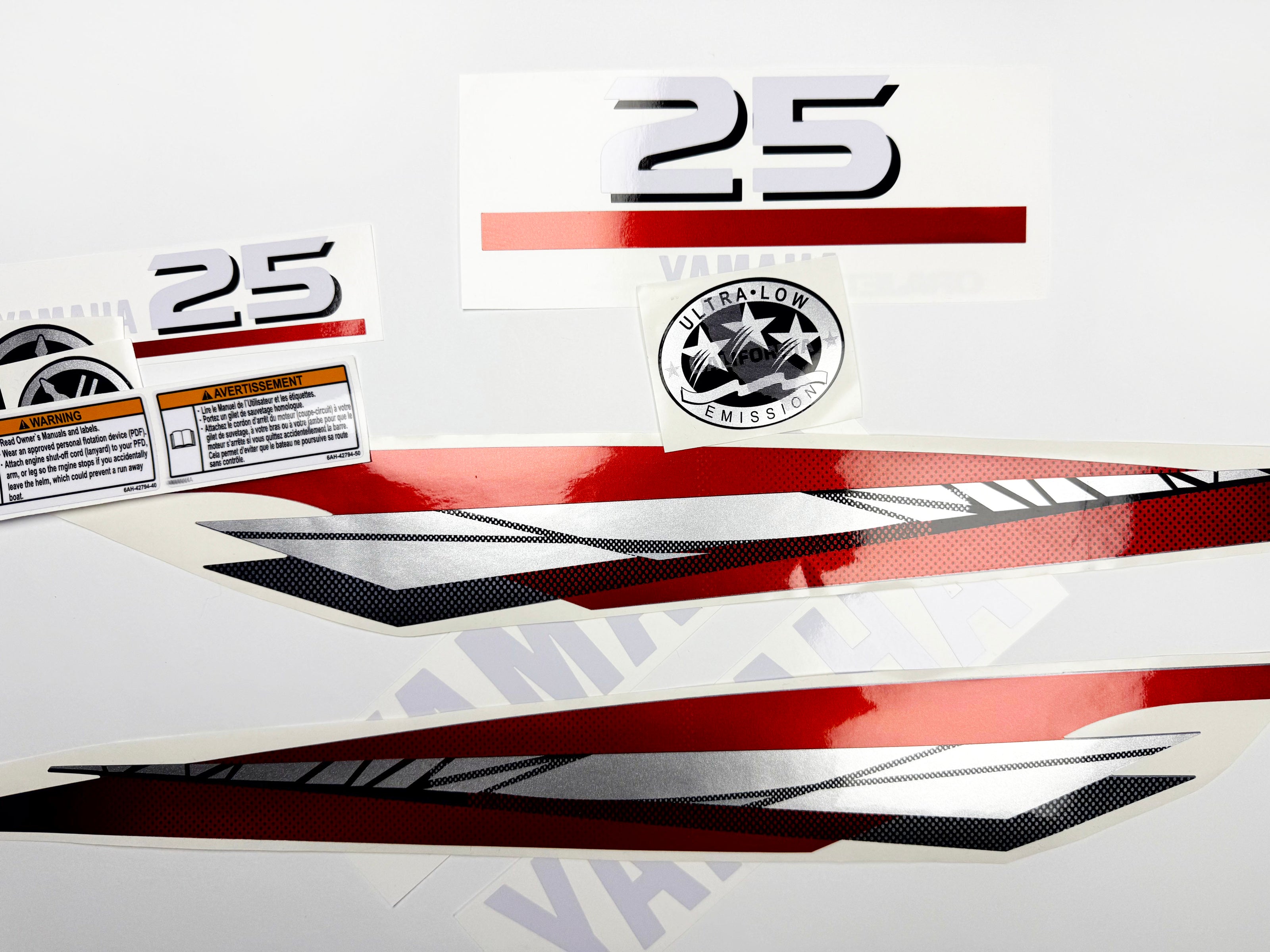 Vinyl graphic metalized silver red decals set suitable for Yamaha 25 hp two stroke outboard engine. Vinyl stickers kit for Yamaha 25 hp two stroke Handmade