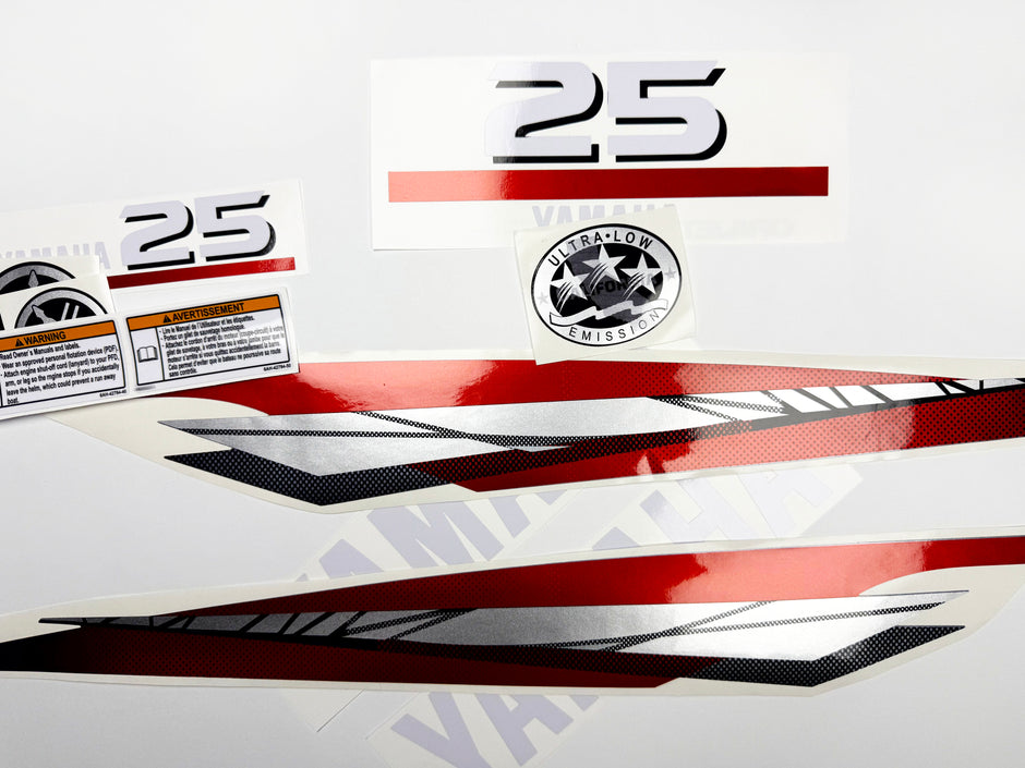 Vinyl graphic metalized silver red decals set suitable for Yamaha 25 hp two stroke outboard engine. Vinyl stickers kit for Yamaha 25 hp two stroke Handmade