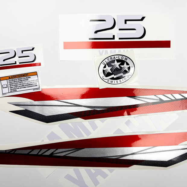 Vinyl graphic metalized silver red decals set suitable for Yamaha 25 hp two stroke outboard engine. Vinyl stickers kit for Yamaha 25 hp two stroke Handmade