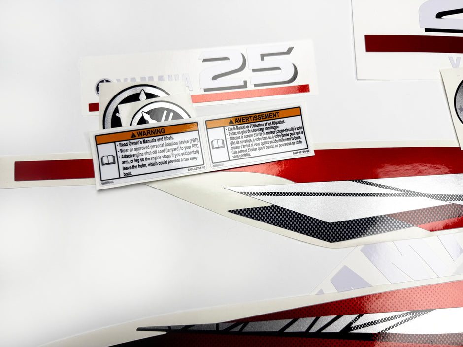 Vinyl graphic metalized silver red decals set suitable for Yamaha 25 hp two stroke outboard engine. Vinyl stickers kit for Yamaha 25 hp two stroke Handmade