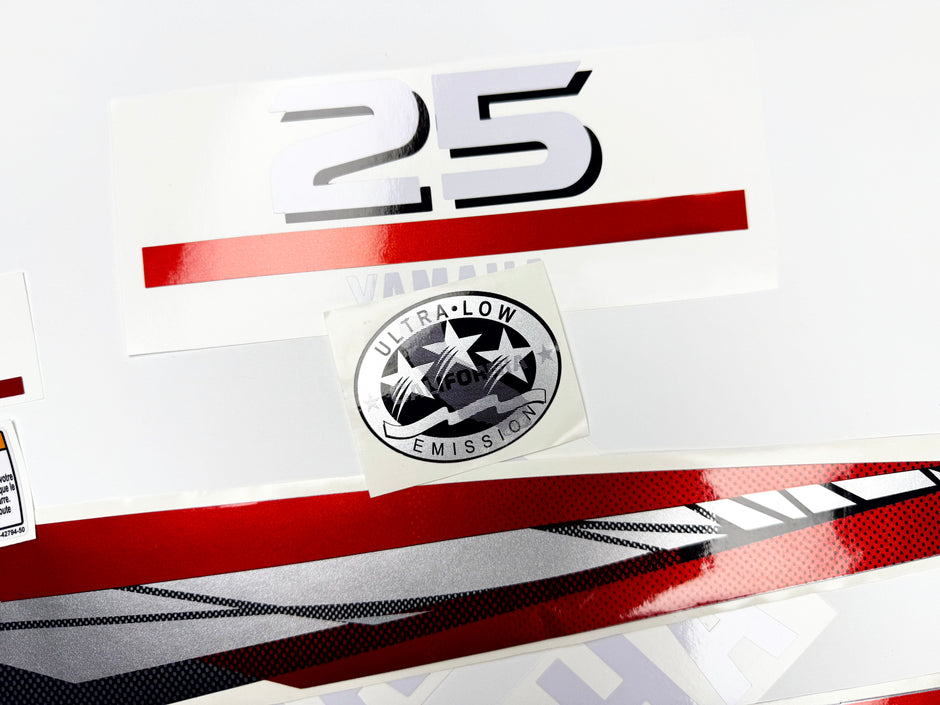 Vinyl graphic metalized silver red decals set suitable for Yamaha 25 hp two stroke outboard engine. Vinyl stickers kit for Yamaha 25 hp two stroke Handmade