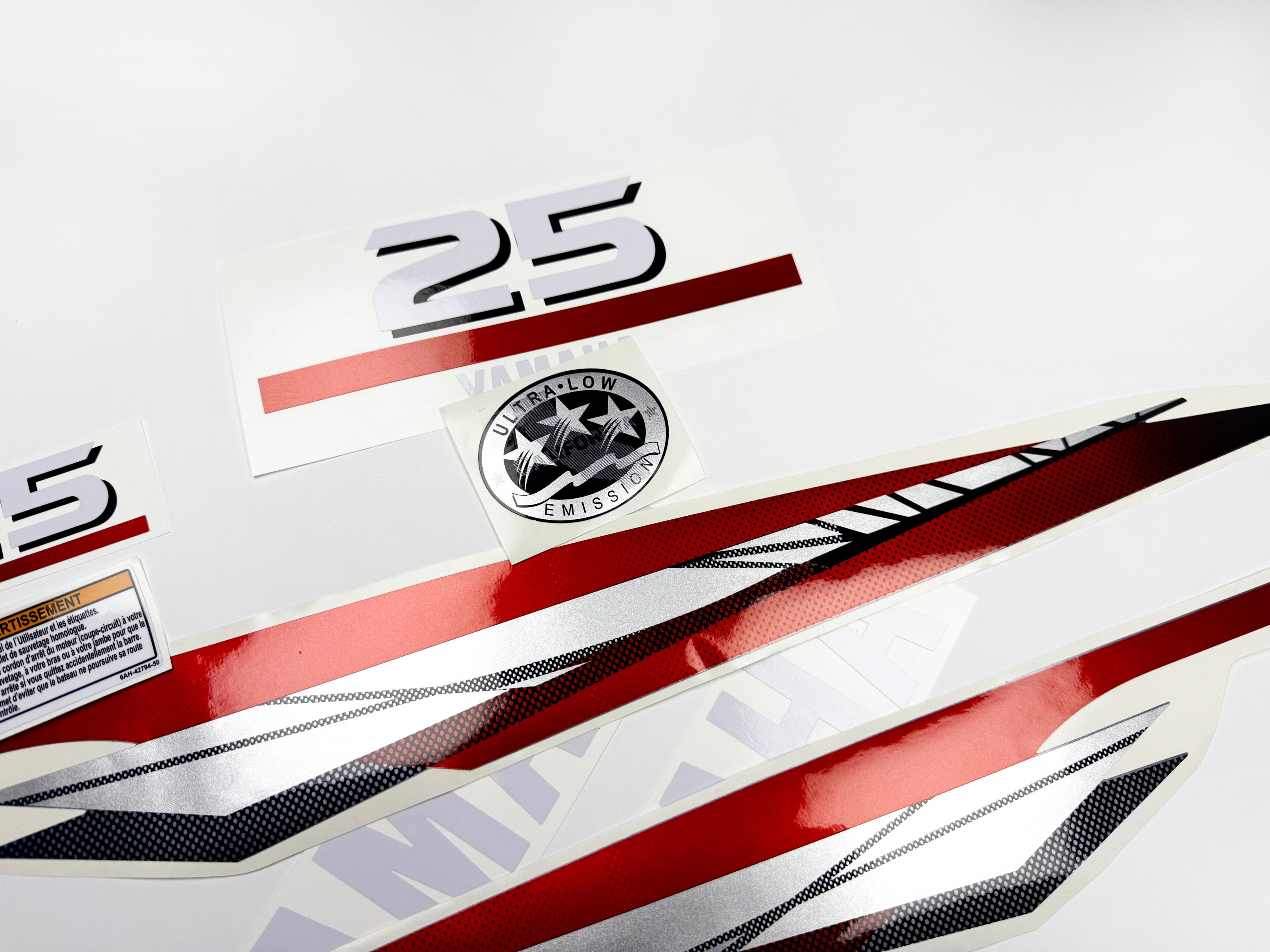 Vinyl graphic metalized silver red decals set suitable for Yamaha 25 hp two stroke outboard engine. Vinyl stickers kit for Yamaha 25 hp two stroke Handmade