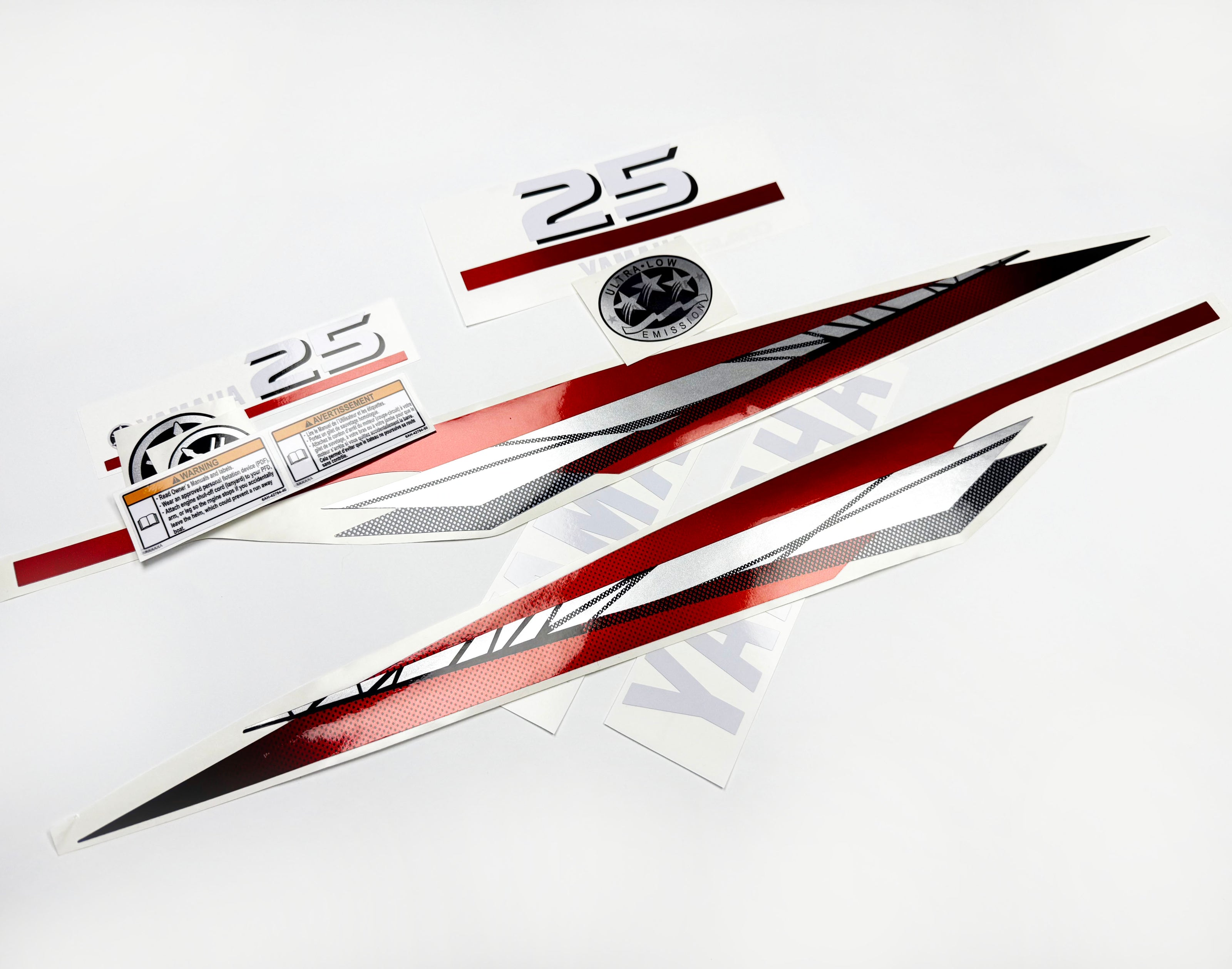 Vinyl graphic metalized silver red decals set suitable for Yamaha 25 hp two stroke outboard engine. Vinyl stickers kit for Yamaha 25 hp two stroke Handmade