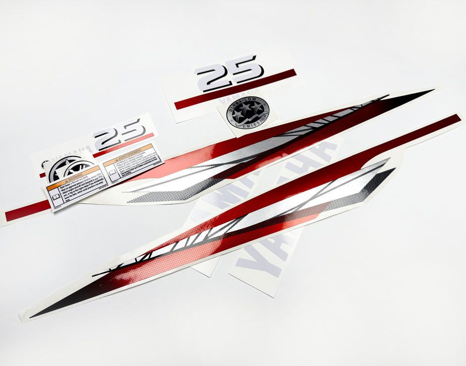 Vinyl graphic metalized silver red decals set suitable for Yamaha 25 hp two stroke outboard engine. Vinyl stickers kit for Yamaha 25 hp two stroke Handmade