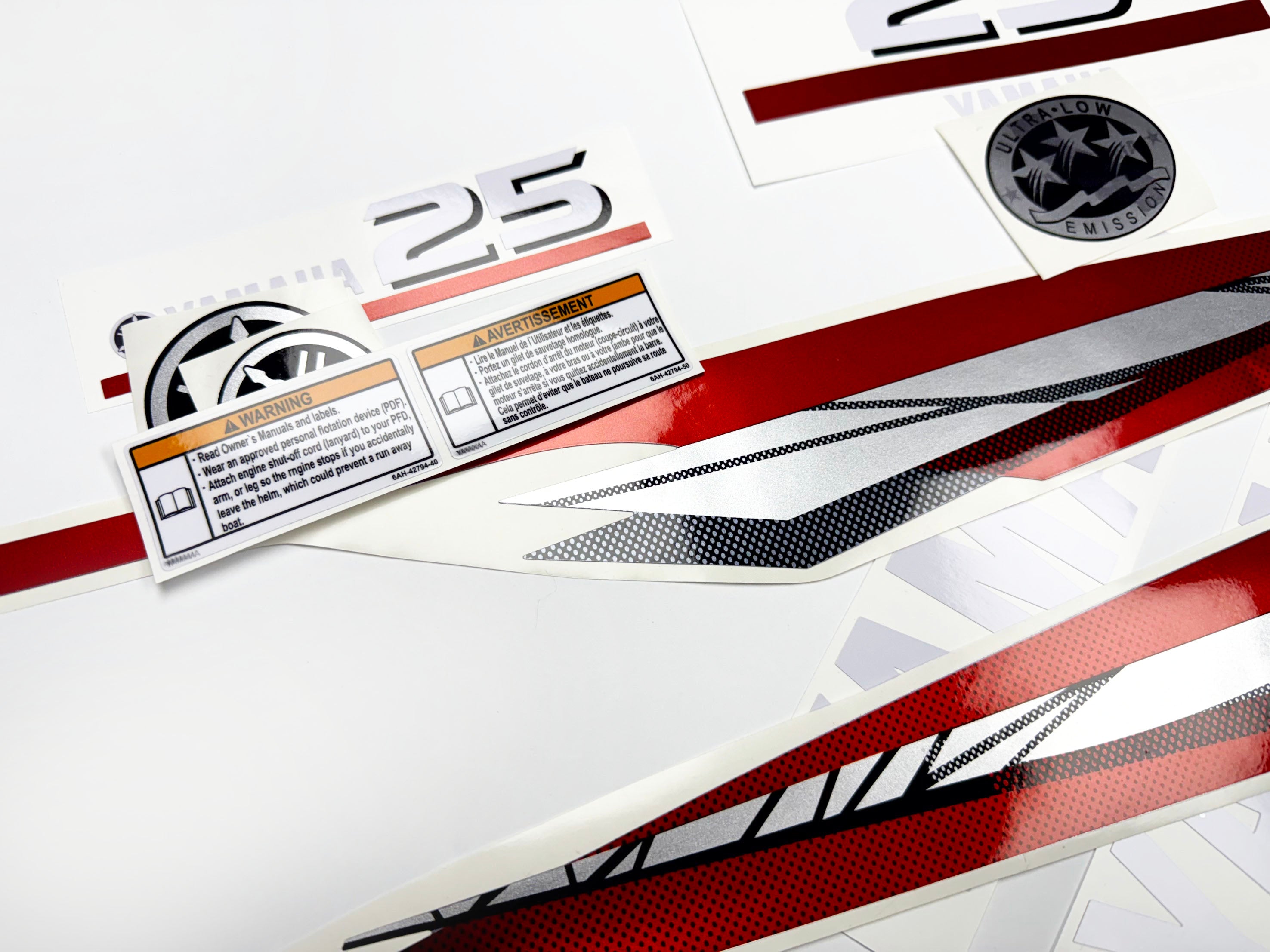 Vinyl graphic metalized silver red decals set suitable for Yamaha 25 hp two stroke outboard engine. Vinyl stickers kit for Yamaha 25 hp two stroke Handmade