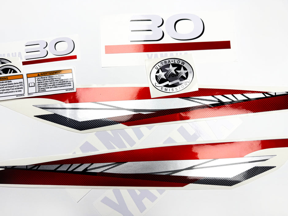 Vinyl graphic metalized silver red decals set suitable for Yamaha 30 hp two stroke outboard engine. Vinyl stickers kit for Yamaha 30 hp two stroke Handmade