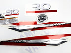 Vinyl graphic metalized silver red decals set suitable for Yamaha 30 hp two stroke outboard engine. Vinyl stickers kit for Yamaha 30 hp two stroke Handmade