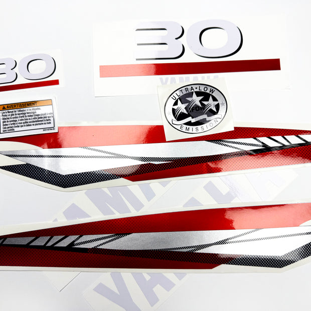 Vinyl graphic metalized silver red decals set suitable for Yamaha 30 hp two stroke outboard engine. Vinyl stickers kit for Yamaha 30 hp two stroke Handmade