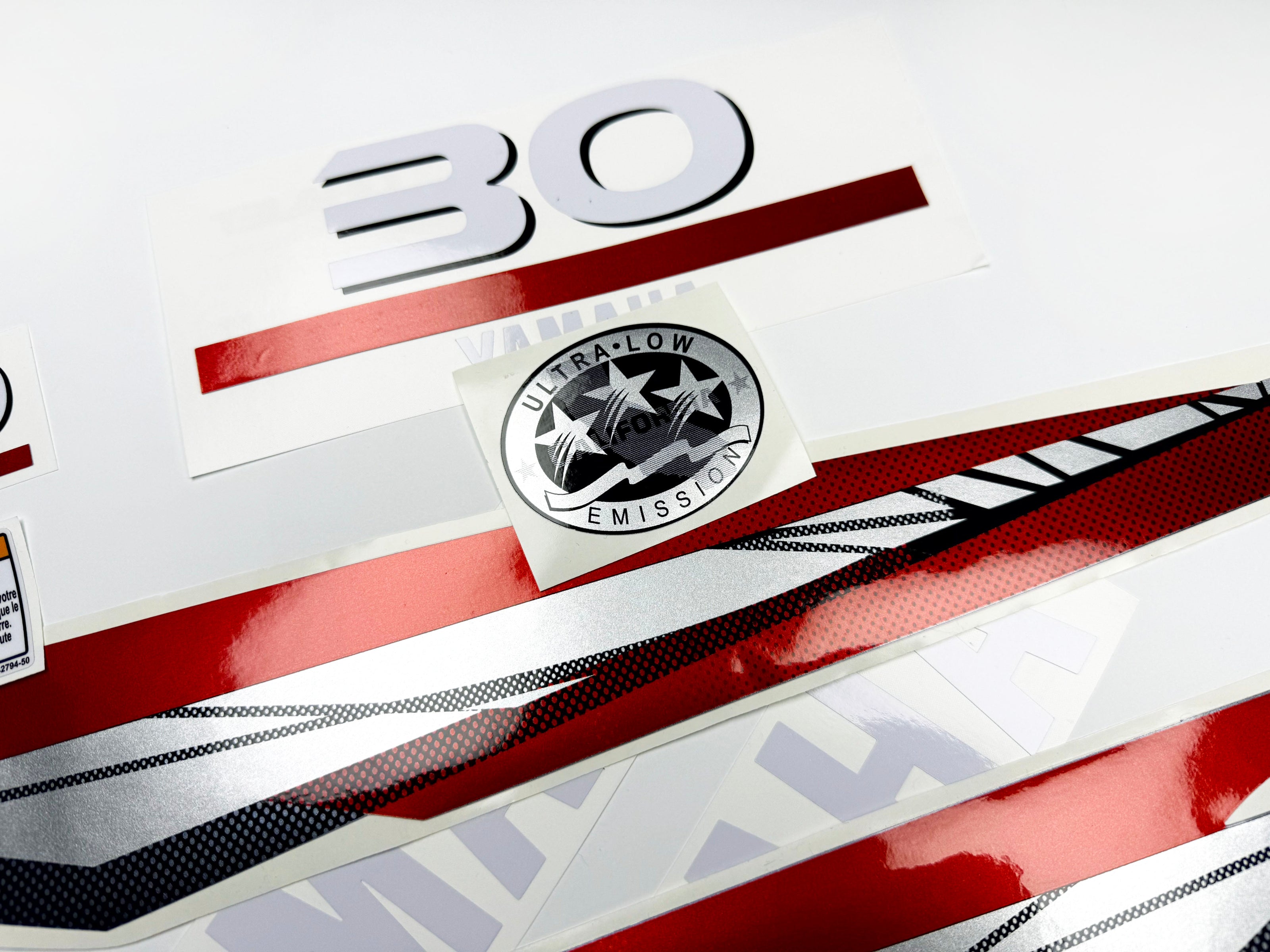 Vinyl graphic metalized silver red decals set suitable for Yamaha 30 hp two stroke outboard engine. Vinyl stickers kit for Yamaha 30 hp two stroke Handmade