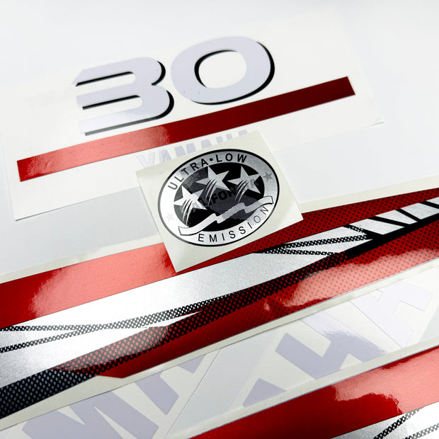 Vinyl graphic metalized silver red decals set suitable for Yamaha 30 hp two stroke outboard engine. Vinyl stickers kit for Yamaha 30 hp two stroke Handmade