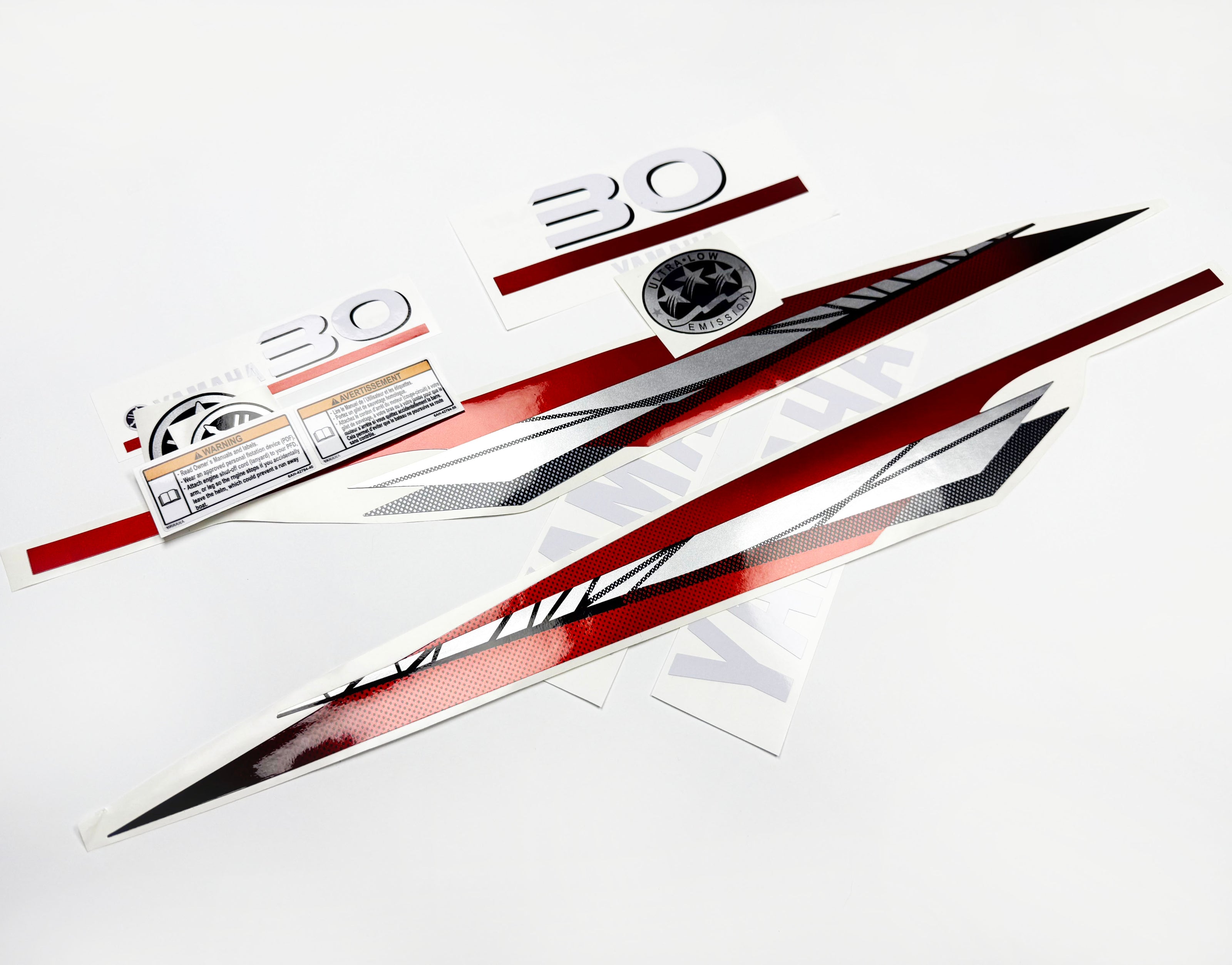 Vinyl graphic metalized silver red decals set suitable for Yamaha 30 hp two stroke outboard engine. Vinyl stickers kit for Yamaha 30 hp two stroke Handmade