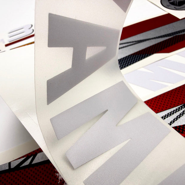 Vinyl graphic metalized silver red decals set suitable for Yamaha 80 hp two stroke outboard engine. Vinyl stickers kit for Yamaha 80 hp two stroke Handmade