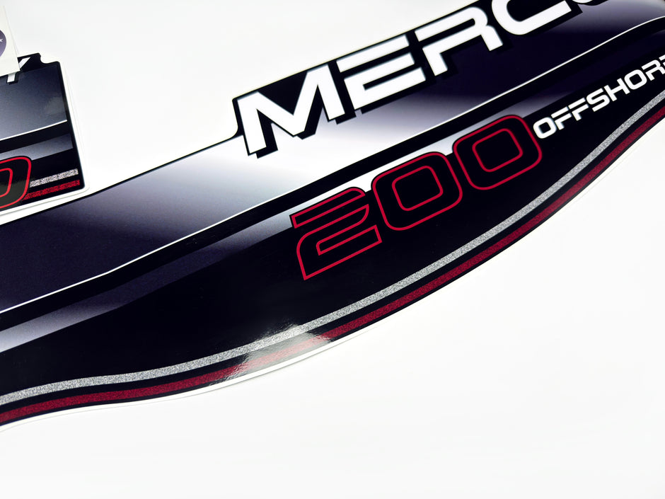 Vinyl graphic decals set suitable for Mercury 200 hp offshore two stroke outboard engine. Vinyl stickers kit for Mercury 200 hp