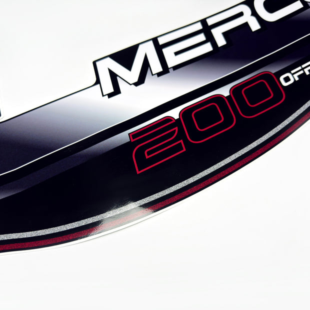 Vinyl graphic decals set suitable for Mercury 200 hp offshore two stroke outboard engine. Vinyl stickers kit for Mercury 200 hp