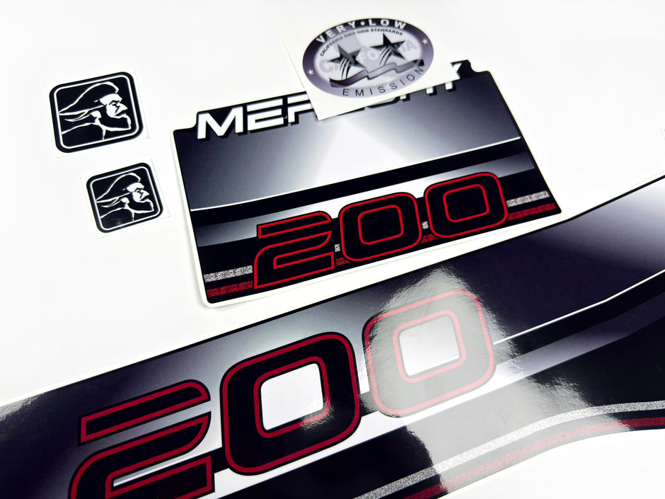 Vinyl graphic decals set suitable for Mercury 200 hp offshore two stroke outboard engine. Vinyl stickers kit for Mercury 200 hp