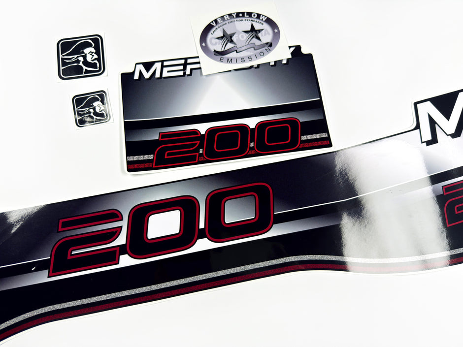 Vinyl graphic decals set suitable for Mercury 200 hp offshore two stroke outboard engine. Vinyl stickers kit for Mercury 200 hp