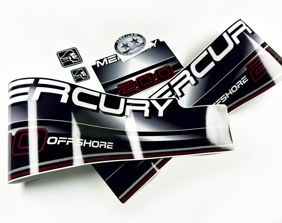 Vinyl graphic decals set suitable for Mercury 200 hp offshore two stroke outboard engine. Vinyl stickers kit for Mercury 200 hp