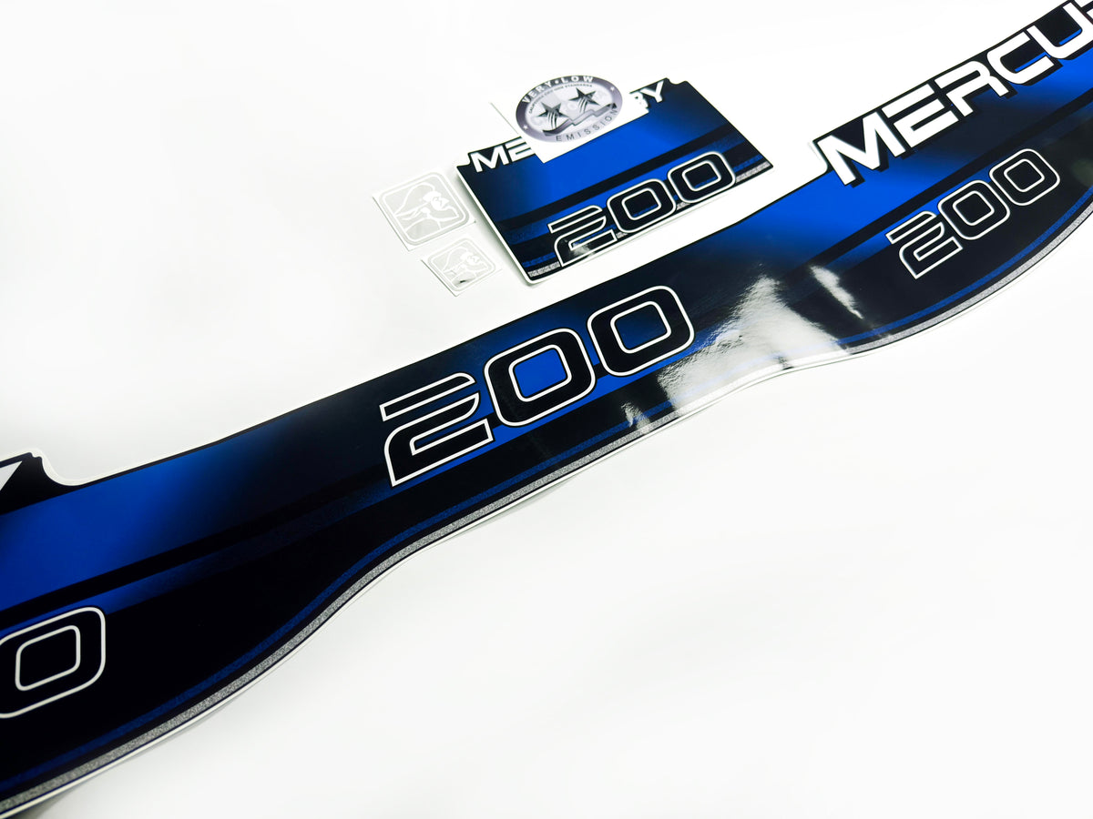 Vinyl blue graphic decals set suitable for Mercury 200 hp two stroke outboard engine. Vinyl stickers kit for Mercury 200 hp Handmade