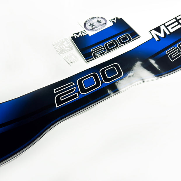 Vinyl blue graphic decals set suitable for Mercury 200 hp two stroke outboard engine. Vinyl stickers kit for Mercury 200 hp Handmade