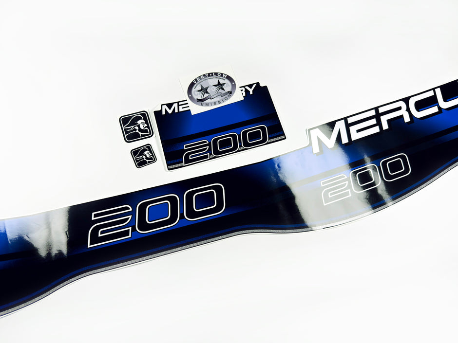 Vinyl blue graphic decals set suitable for Mercury 200 hp two stroke outboard engine. Vinyl stickers kit for Mercury 200 hp Handmade