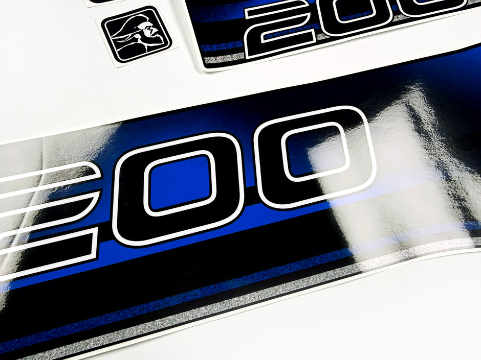 Vinyl blue graphic decals set suitable for Mercury 200 hp two stroke outboard engine. Vinyl stickers kit for Mercury 200 hp Handmade